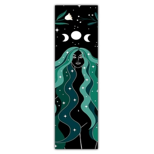 Vertical detail of tapestry bookmark with moon goddess and celestial floral motifs