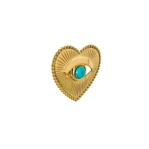 Exaggerated hip hop heart evil eye ring with turquoise stone inlay in gold finish