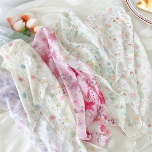 Floral chiffon silk scarf for women in pink white and yellow with diamond pattern