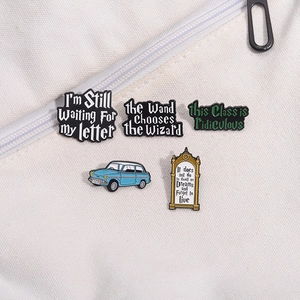 Five-piece Harry Potter metal brooch set with magical phrases and car icons on canvas
