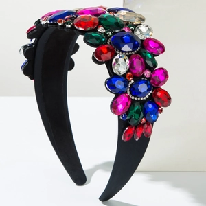 Detail view of Baroque wide headband with colorful crystals and black velvet texture