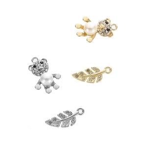Cute freshwater pearl bear and leaf pendant charms with sparkling crystals for DIY jewelry
