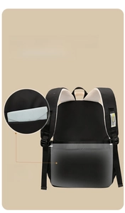 Detail view of the backpack's anti-theft back pocket showing its large capacity and padding