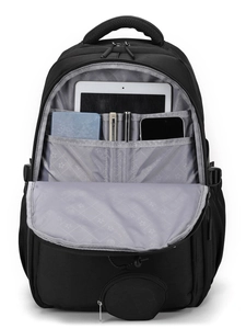 Minimalist black laptop backpack for men showing spacious interior with multi-functional compartments