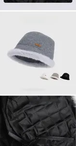 Detail of adjustable drawstring and quilted lining on thermal faux fur bucket hat