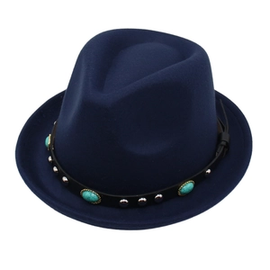 Navy blue wool fedora hat with turquoise stones and silver studs on black leather band