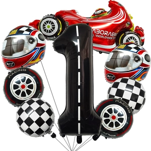 Raceauto aluminium folie ballon set met rode auto, nummer 1 en zwart-wit geblokte vlag