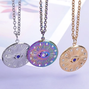 Stainless steel evil eye pendant necklace set in gold, silver and rainbow finishes