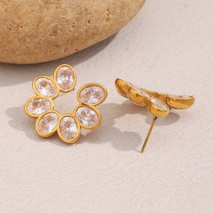 Floral 18K gold plated stainless steel stud earrings with clear zircon petal stones