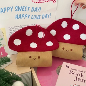 Cute mushroom corduroy tissue storage bag with red polka dots and smiley face design