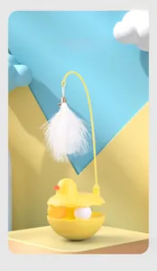 Detail of tumbler cat toy with duck design, ABS material, and flexible feather wand stick