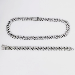 Ensemble collier et bracelet maille cubaine argentée sertis de strass style hip-hop