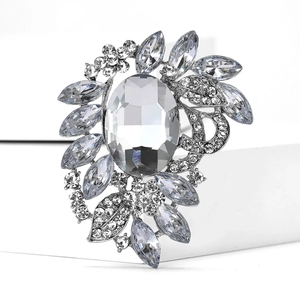 Detailed view of an elegant floral alloy brooch with a large crystal center and rhinestones