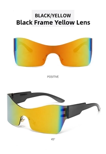 Frameless Y2K wraparound sunglasses featuring black frames and yellow mirrored lenses