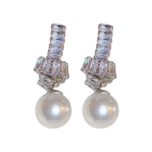 Elegant silver knot earrings with rectangular zircons and hanging white pearls