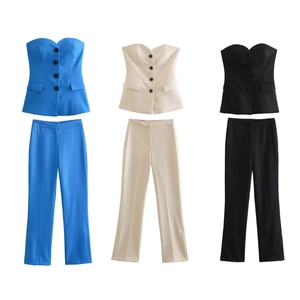 Women Strapless Bandeau Top And Long Flared Pants Solid Color Slim Fit Streetwear Chic Casual Wear Polyester