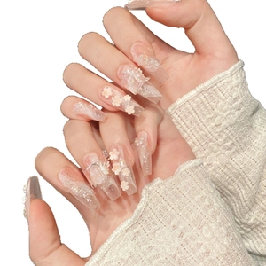 Handmade coffin press-on nails with 3D white flowers, pearls and glitter sequins