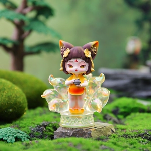 Macro shot of a cute fox fairy figurine in Hanfu holding a teapot on a decorative base
