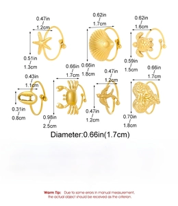 Detailed dimensions of 7-piece 18K gold stainless steel sea life motif ring set