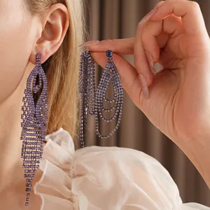 Luxurious geometric lavender crystal tassel drop earrings with sparkling silver needle