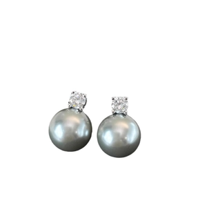 Elegant grey pearl stud earrings with sparkling round cubic zirconia in silver setting