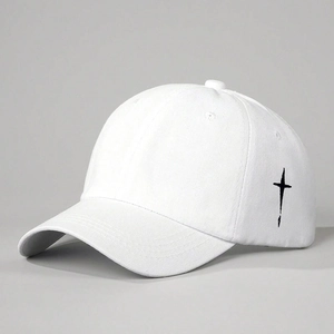 White cotton baseball cap with black side cross embroidery for outdoor sun protection