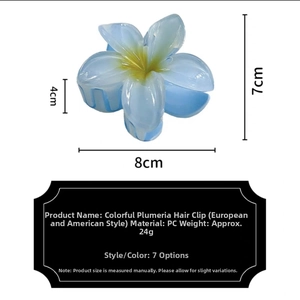 Blue plumeria flower hair claw clip dimensions 8cm by 7cm with weight specifications