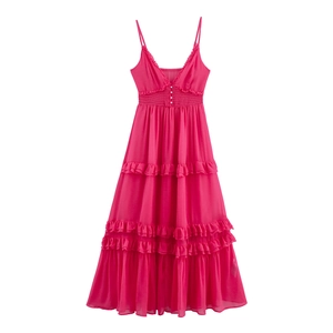 Robe Maxi En Mousseline Pour Femmes Col V Bretelles Spaghetti Bordure À Volants Taille Élastique Smokée Vacances Plage