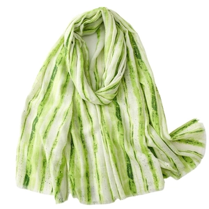 Green and white striped cotton linen scarf with silver glitter and fringe edges