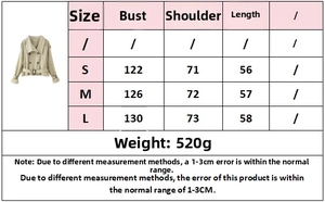 Size chart for double-breasted twill short coat including bust and length measurements