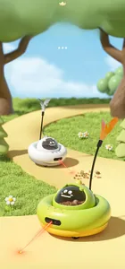 Detail showing an intelligent laser cat toy with a long feather wand and rounded design