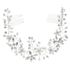 Elegant bridal hair comb set with handmade pearls, rhinestones, and silver wire