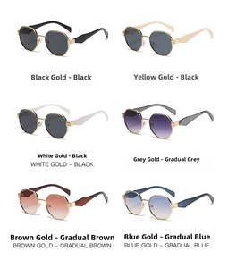 Detailed grid showing geometric polygon sunglasses in six assorted frame and lens colors