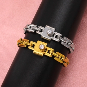 Gold and silver chunky link chain bracelets with square clasp and sparkling zircon stone