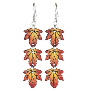Thanksgiving wooden maple leaf drop earrings with autumn gradient red and orange finish