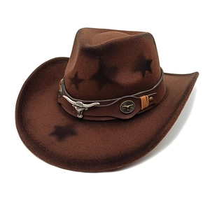 Western Cowboy Hat Wide Brim Felt Star Print Retro Ethnic Style Leather Band Metal Bull Head Buckle For Men Women