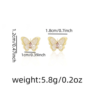 Detailed view of pink zircon butterfly earrings with white oil drip and size annotations