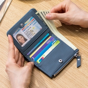Cartera RFID delgada de cuero azul para mujer con ranuras para tarjetas y bolsillo cremallera