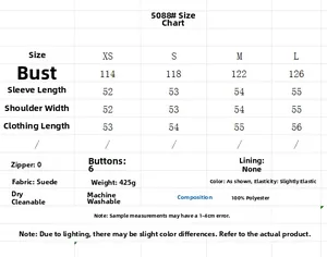 Size chart for faux suede jacket and pants set showing chest, sleeve, and shoulder metrics