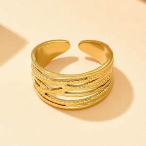 Fashionable gold plated stainless steel multi-layer crossover textured open ring for women