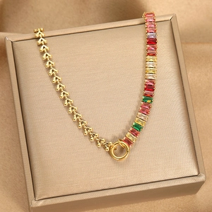 Luxury Stainless Steel Rhinestone Pendant Necklace For Women Personalized Asymmetric Multicolor Inlaid Clavicle Chain Jewelry