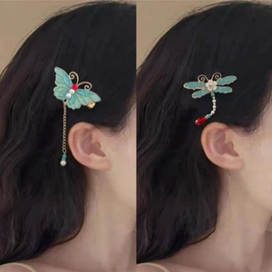 Chinese enamel butterfly and dragonfly hair pins with blue filigree and pearls
