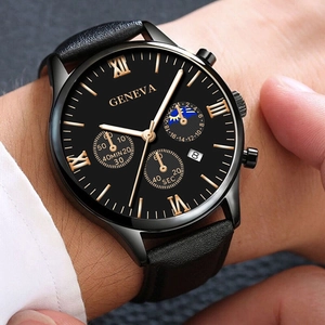 Classic black and gold Geneva men's watch with leather strap and Roman numerals on wrist