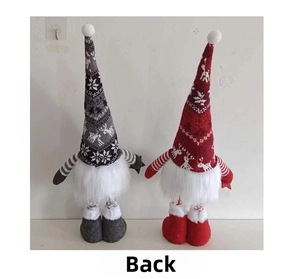 Back view of plush Christmas gnomes with snowflake knitted hats and striped arms