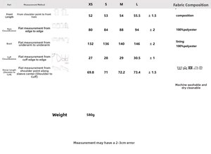 Detailed size guide table for women's classic lapel faux leather jacket dimensions
