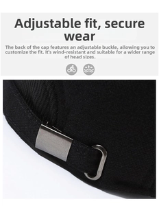 Detail view of adjustable metal buckle and thick fabric texture on men's winter cap