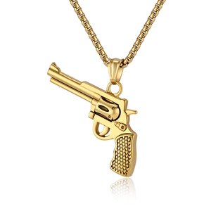Golden hip hop revolver pendant necklace with box chain shown on white background