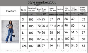 Tableau des tailles détaillé pour jeans évasés à taille haute, tailles S à XXL incluses
