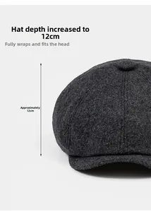 Detailed view of dark grey wool newsboy hat featuring 12cm deep crown measurements