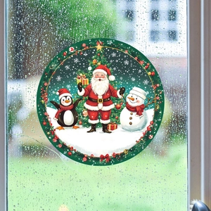 Detail of Santa Claus snowman static cling sticker with pine wreath on glass window